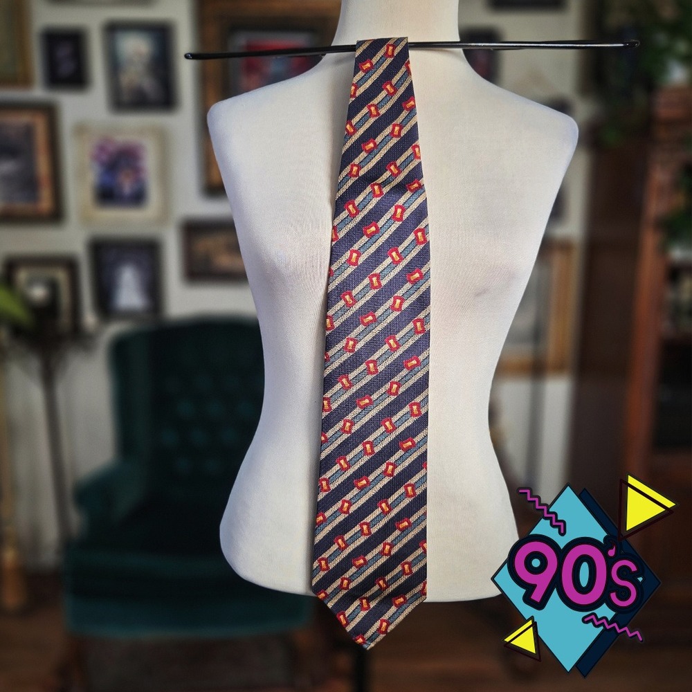 Structure Silk Tie Vintage 90s Geometric Stripe Navy Red Gold Mens Necktie USA